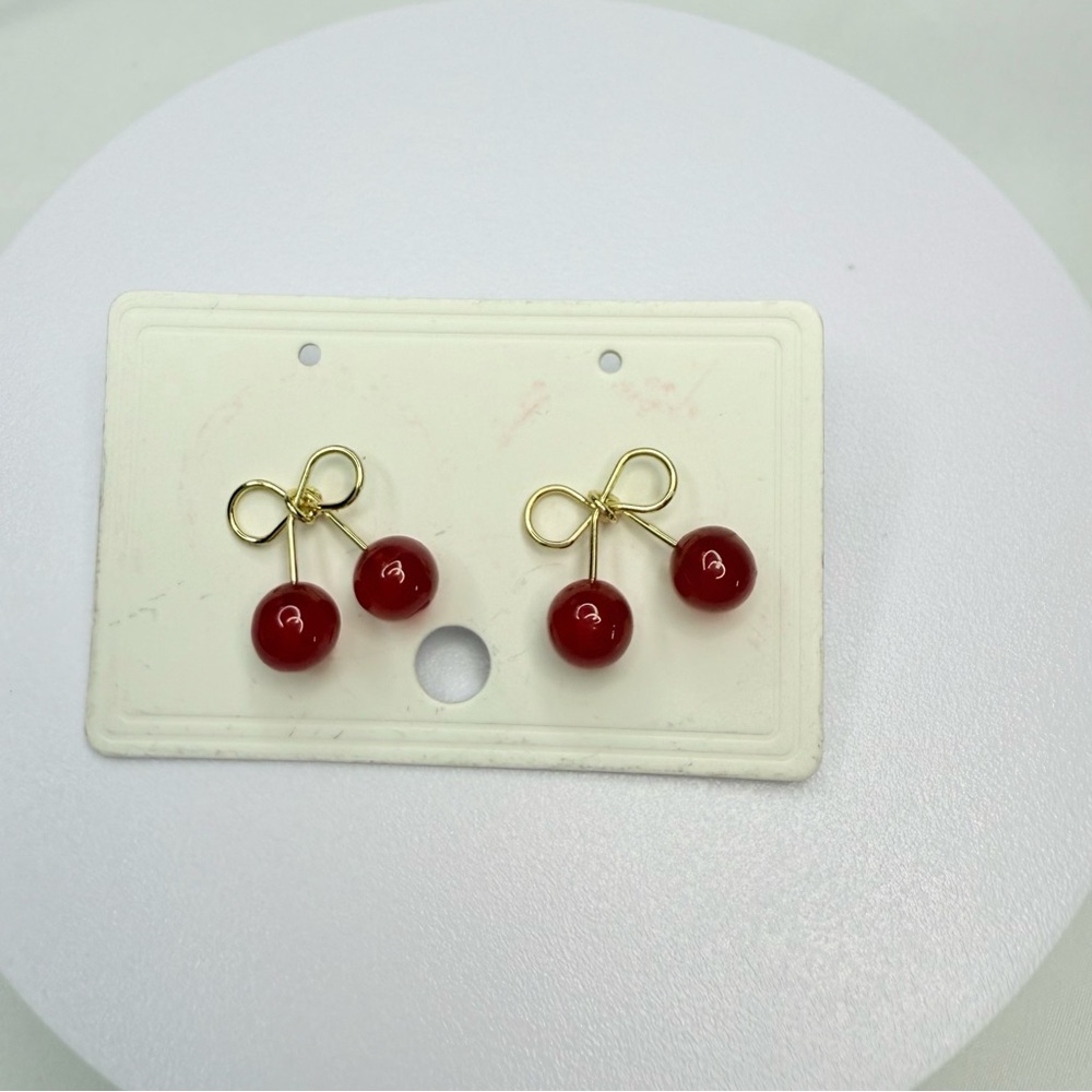 Red and Gold Bow Cherry Earrings